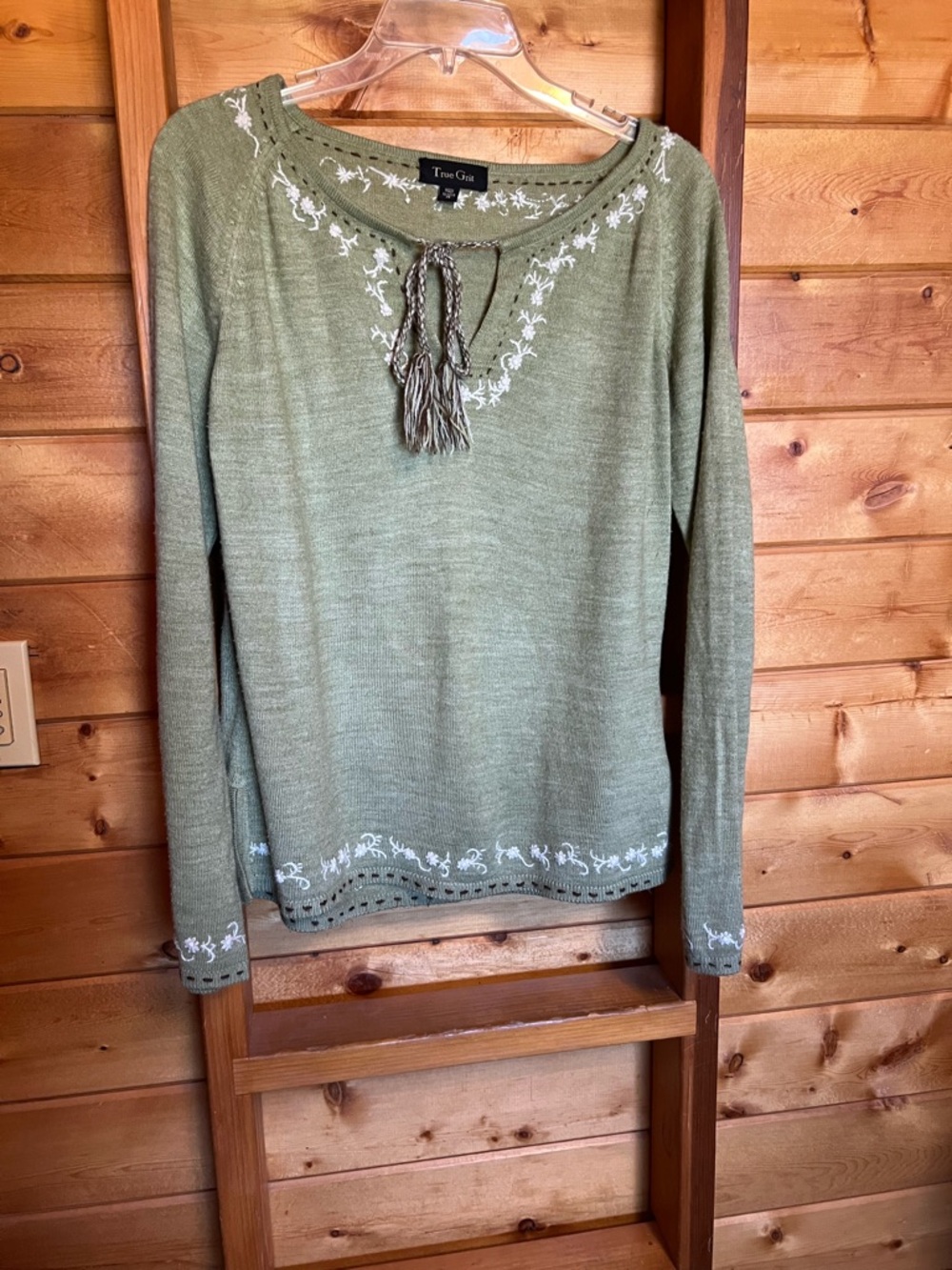 True Grit Olive Green Embroidered Tie-Front Pullover